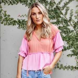 fab’rik Pink Orange Colorblock Pleated Peasant Top Size L